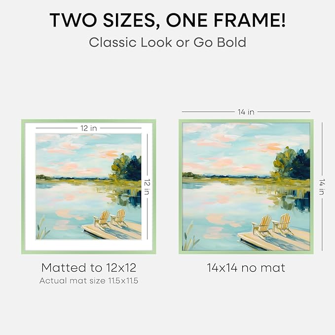 Homeforia 14x14 Picture Frame Sage Green, High End Metal 14 x 14 Square Poster Frames with Mat 12 x 12 Photo, 14x14 Frame Matted to 12x12 Art, 14by14 Hanging Frames, Tempered Glass, Wall Kit, Set of 1