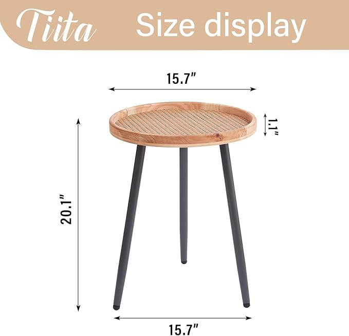 Tiita 2 Pack Rattan Round End Table Mental Side Table Nightstand/Small Wood Tables Accent Coffee Table with Wooden Tray for Living Room Bedroom Office Small Space