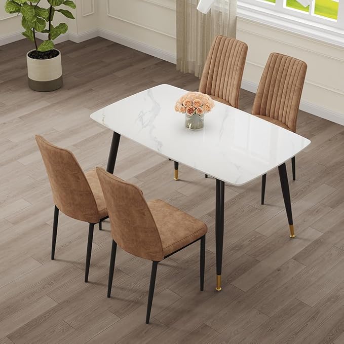 50" White Modern Sintered Stone Dining Table Set for 4 Faux Marble Dining Table with 4 Upholstered Leatheraire Fabric Chair Dining Room Table Set(1White Table+4Brown Chairs)