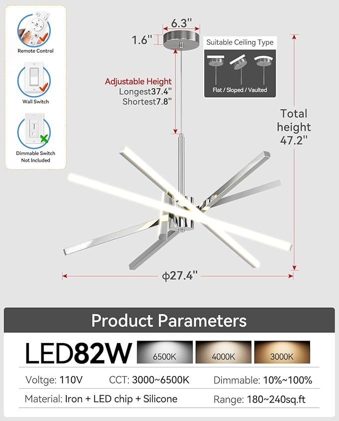 Modern Sputnik Chandelier Ceiling 82W LED Chrome Pendant Light Embedded Mount Chandeliers Dining Room Light Fixtures Over Table Dimmable with Remote Control for Living Room Kitchen Bedroom (Chrome)