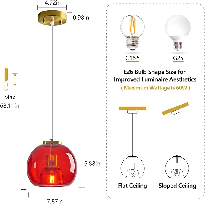 Red Glass Pendant Lights Kitchen Island Gold Hanging Light Fixture Glass Globe Pendant Light Modern Pendant Lighting for Kitchen Island Bedroom Dining Room (7.87", 1 Pack)