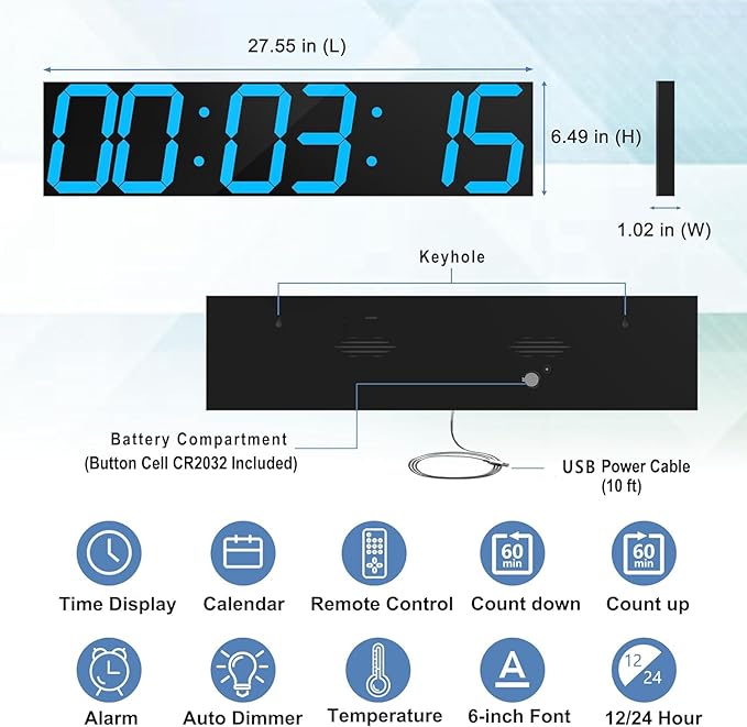 Digital Wall Clock, Oversize Led Digital Clock Large Display with Auto Dimmer, Huge Countdown Timer with Remote Control, 27" Wide Display, 6 Digits, Wall Mount, Date and Temperature(Ice Blue)