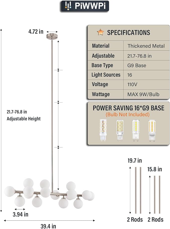 Glass Globe Sputnik Chandelier, 16-Light Mid Century Modern Light Fixture Over Table, Linear Chandeliers for Dining Room, Kitchen Island, Nickel and Milk White Bubble, 40 Inch, GC-02