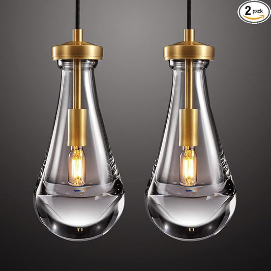 Raindrop Pendant Light Fixtures Set of Two, Brass Glass Pendant Lighting, Teardrops Pendant Lights Kitchen Island, Indoor Pendant Light for Kitchen Island Bedroom Bathroom, Included Bulb
