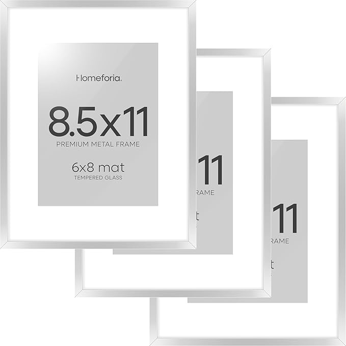 Homeforia 8.5x11 Picture Frame Silver, High End Metal 8.5 x 11 Poster Frames with Mat 6 by 8 Photo, 11x8.5 Frame Matted to 6x8 Print, 8.5by11 Wall or Tabletop Frame, Tempered Glass, Wall Kit, Set of 3