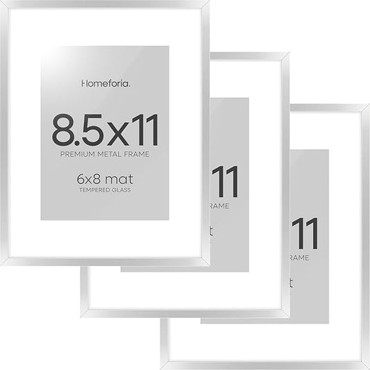 Homeforia 8.5x11 Picture Frame Silver, High End Metal 8.5 x 11 Poster Frames with Mat 6 by 8 Photo, 11x8.5 Frame Matted to 6x8 Print, 8.5by11 Wall or Tabletop Frame, Tempered Glass, Wall Kit, Set of 3