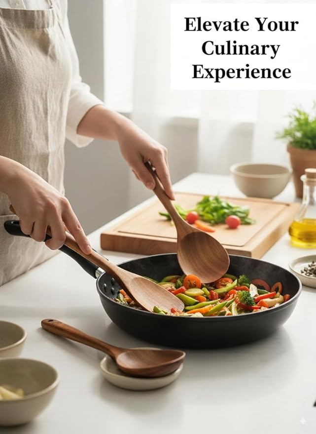 100% Natural Teak Wood Wooden Utensil Set – Non-Stick & Heat Resistant – 6 Pcs Durable Kitchen Spoons for Cooking, Eco-Friendly & Comfortable Grip