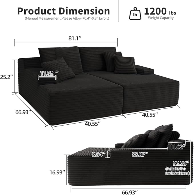 Chaise Lounge Chair, Couches for Living Room, Oversized Upholstered Loveseat Sleeper Indoor, Cloud Sofa Bed Indoor Deep Seat, No Assembly Required Corduroy 2PCS Black