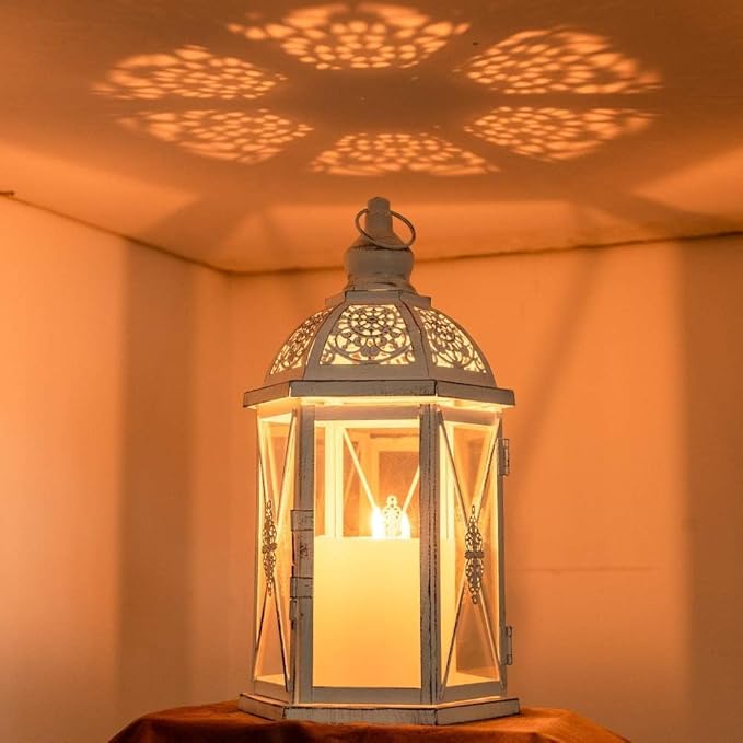 DECORKEY Lantern Decorative Indoor & Outdoor, 14.5'' Candle Lantern Farmhouse Home Decor, Hexagon Vintage Hanging Metal Candle Holder for Front Porch Shelf Patio Wedding Party, Christmas Decorations