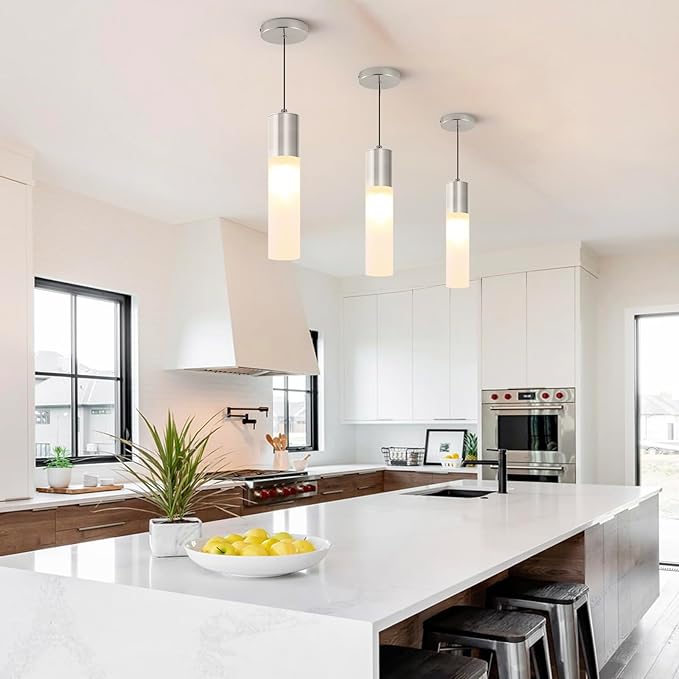 Modern Pendant Lights Kitchen Island 3 Pack LED Pendant Lighting Brushed Nickel with Milky White Lampshade Adjustable Hanging Ceiling Light for Dining Room Bath Entryway, 3000K-6000K