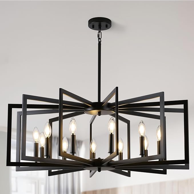 Black Chandelier for Dining Room, 12-Light Kitchen Chandelier Light Fixture Modern Metal Industrial Large Chandeliers for Farmhouse Entryway Living Room (E12 Bulbs Not Included)