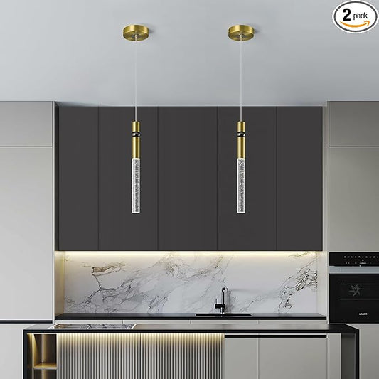 Pendant Lights Kitchen Island Light Fixtures Dimmable LED Modern Pendant Light with Bubble Crystal Pendant Lighting for Kitchen Bedroom Hallway Entryway (Gold 2-Pack)