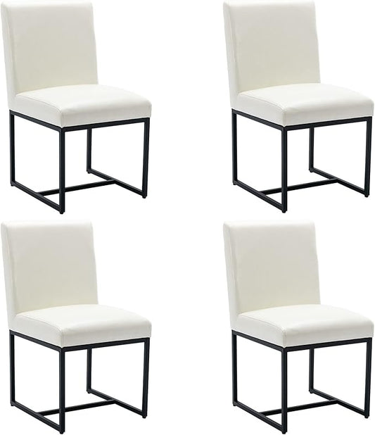 VESCASA Faux Leather Upholstered Dining Chairs with Black Metal Frame, Mid Century Modern Padded Kitchen Chair with Adjustable Foot Pads for Restaurant, Dining Room, Set of 4, White