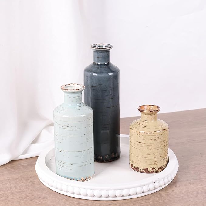 Blue and Beige Ceramic Vase Set of 3 – Rustic Distressed Glaze Pottery Vases, Small Vintage Flower Vases for Home Decor, Farmhouse, Modern Rustic, Shelf, Mantle, Table Centerpiece Decorations