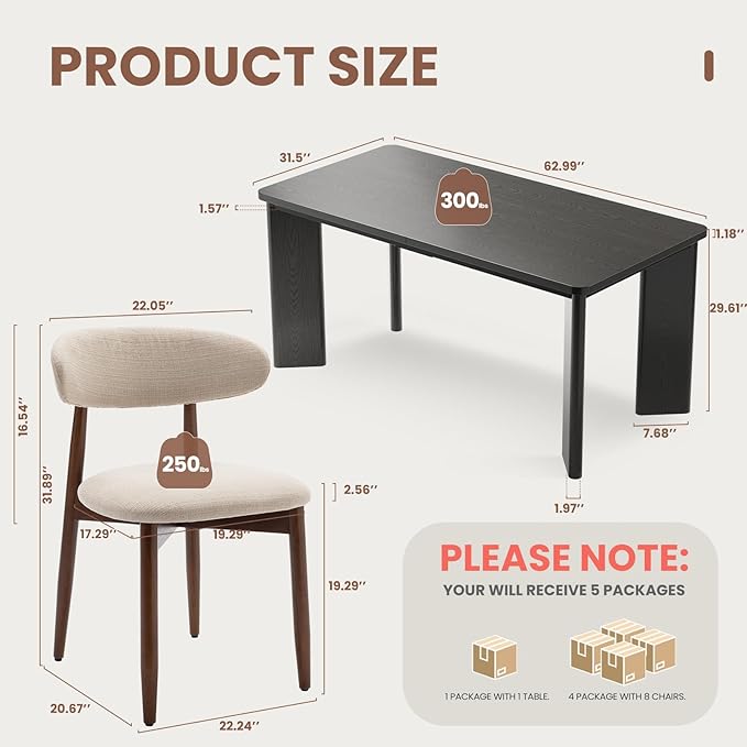 9-Piece Rectangular Dining Table Set for 8, 63" Industrial Kitchen Table with 8 Wooden Upholstered Dinner Chairs for Dining Room, Kitchen, Living Room, Black+Beige