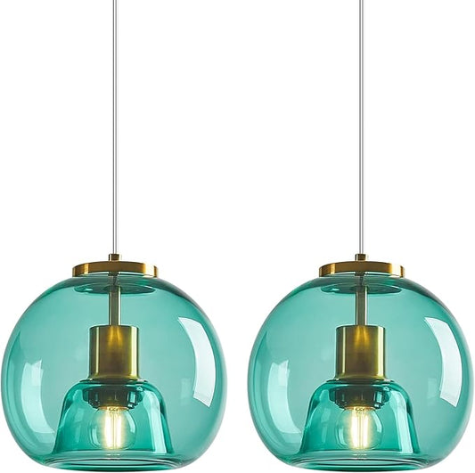 Light Blue Glass Pendant Lights Kitchen Island Gold Hanging Light Fixture Glass Globe Pendant Light Modern Pendant Lighting for Kitchen Island Bedroom Dining Room (7.87", 2 Pack)