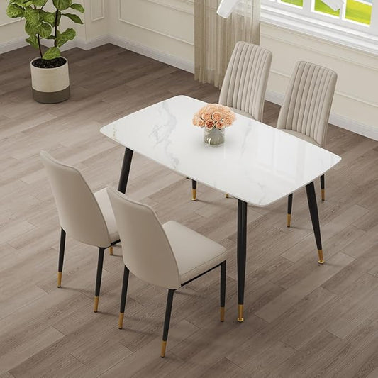 50" White Modern Sintered Stone Dining Table Set for 4 Faux Marble Dining Table with 4 Upholstered PU Leather Chair Dining Room Table Set(1White Table+4Gray Chairs)