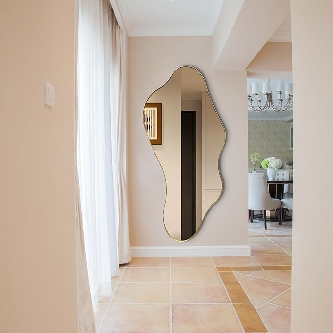 Irregular Mirror Full Length, Large Asymmetrical Wall Mirrors, 63"x30" Gold Wavy Floor Mirror for Dressing, Abstract Mirrors Decorative for Living Room Bathroom Bedroom Hallway Entryway