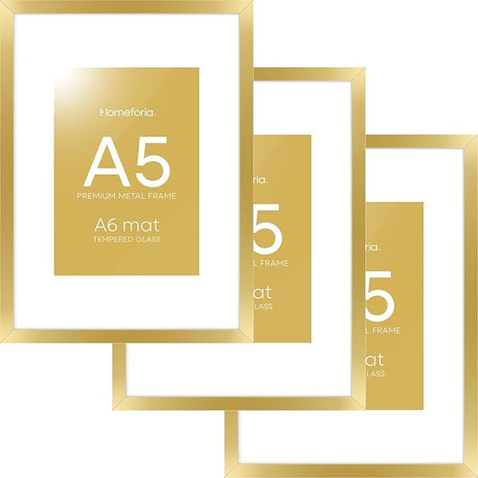 Homeforia A5 Picture Frame Gold, High End Metal 5.8 x 8.3 Frames Matted to 4.1 by 5.8 inch Photo, A5 Frame with Mat A6, 5.8x8.3 Poster Frames, 8.3x5.8 Display Frame, Tempered Glass, Wall Kit, Set of 3