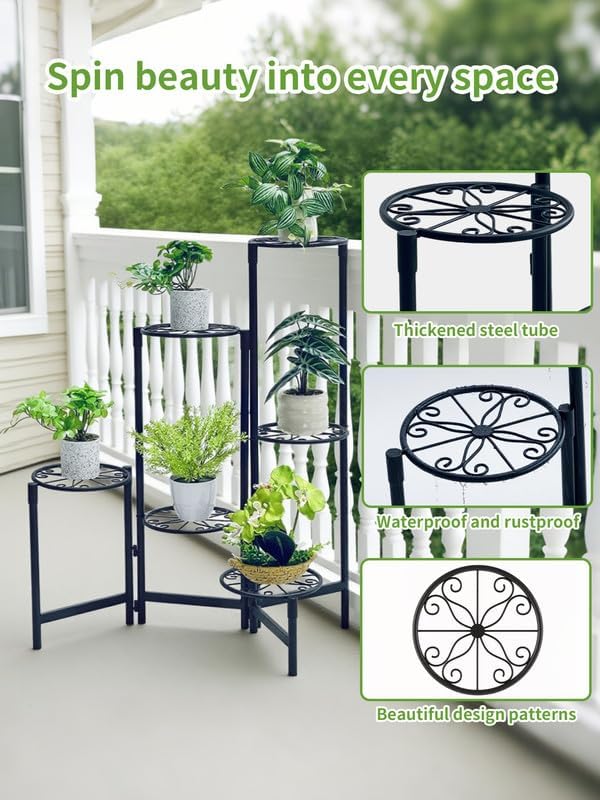 6 Tier Large Plant Stand Indoor with 7.9-Inch Wide Drainage Tray, Tiered Corner Metal Outdoor Flower Display Holder Shelf, Folding Tall Rack for House Patio Porch Balcony Graden - BlackS