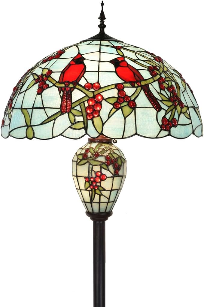 Bieye L10894 Red Cardinals on Holly Branches Tiffany Style Stained Glass Floor Lamp with 20-inch Wide Lampshade, Double-Lit, 64-inch Tall