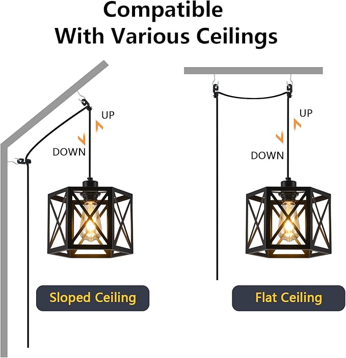 2 Pack Plug in Pendant Light, Farmhouse Black Hanging Lights with Plug in Cord, 16.4FT Hexagonal Metal Plug in Hanging Lamp Kit, Dimmable Ceiling Light Fixture for Kitchen Island Hallway