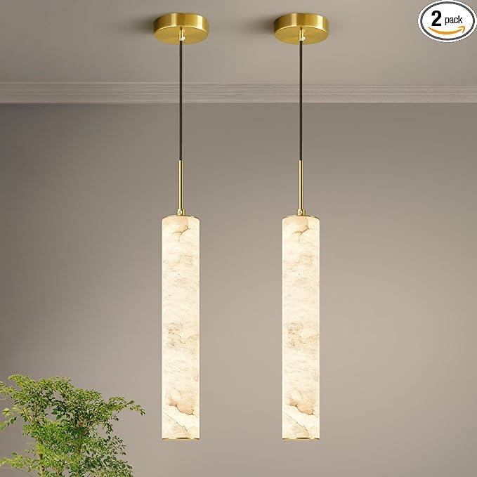 LMQNINE Natural Alabaster Pendant Lights for Kitchen Island White Marble Long Tube Chandelier Modern Gold Ceiling Light Fixtures for Bedroom Dining Room Table Living Room Hallway(M-2Pack)