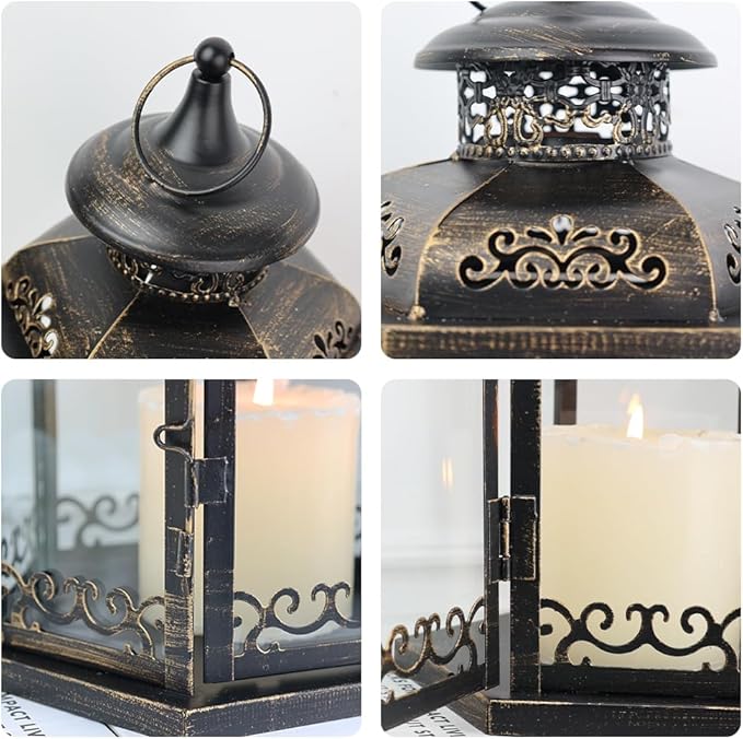 DECORKEY Large Lantern Decorative Outdoor & Indoor, Set of 2 (15’’&11’’) Metal Candle Lanterns Decor, Vintage Hanging Candle Holder for Front Porch Patio Wedding Farmhouse Home, Spring Decoration