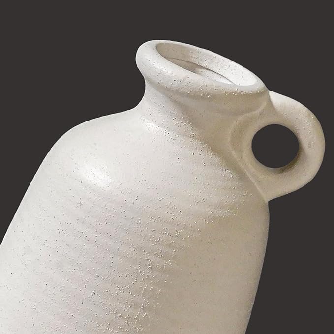 Sunddo White Vase with Handle, 10 inch Ceramic Rustic Vase, Farmhouse Decor, Boho Modern Decorations, Table, Living Room, Shelf, Mantel Decor