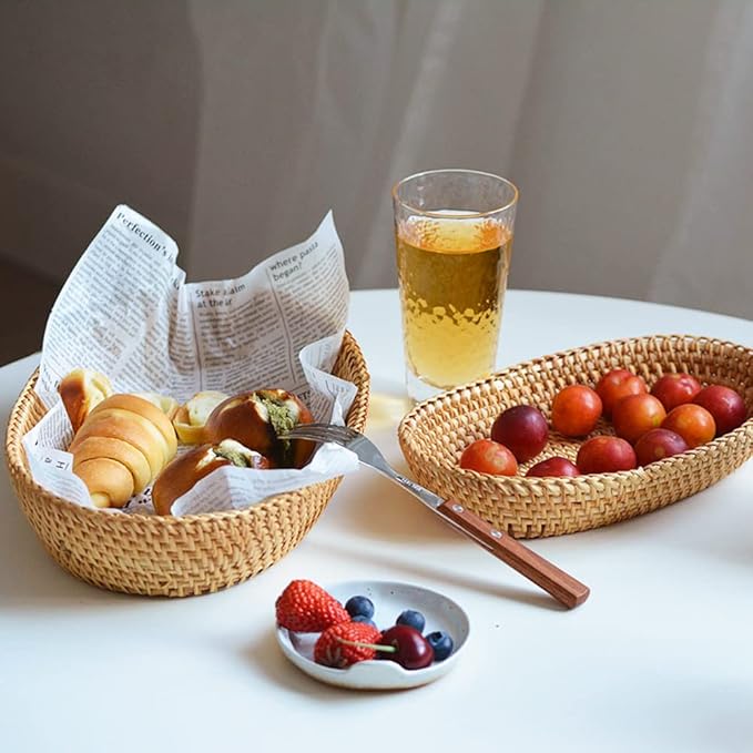 i-lan Set of 2 Oval Rattan Bread Baskets, 13 Inch Handwoven Wicker Basket Long with 2.7” Wall, Decorative Narrow Serving Basket Boho Bowl for Fruit, Food, Snack, Brown, 2-size:S+L