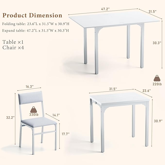 Dining Table Set for 4, Extendable Kitchen Table Cushion Chairs Set of 4, Rectangle Dining Table with Metal Frame & MDF Board, Folding for Small Apartment Saving Space, White