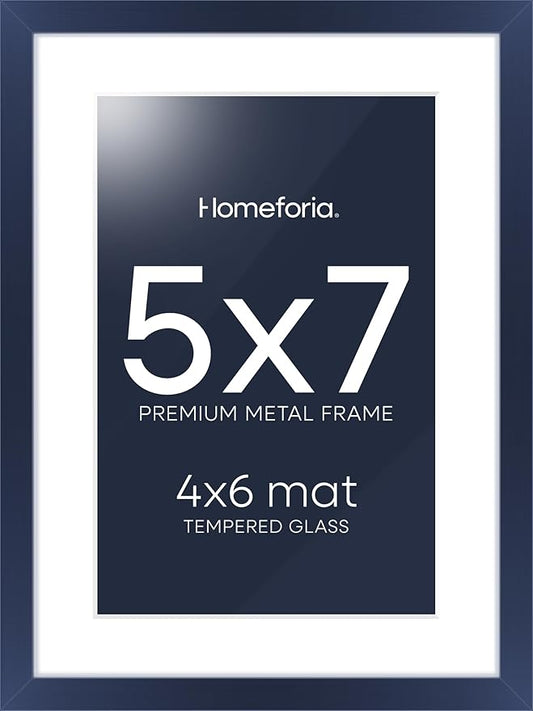 Homeforia 5x7 Picture Frame Navy Blue, High End Metal 5 x 7 Frames with Mat 4 x 6 for Print, 5by7 Desk Frame Matted to 4x6 inch Photo, 5 by 7 Wall or Tabletop Frame, Tempered Glass, Wall Kit, Set of 1