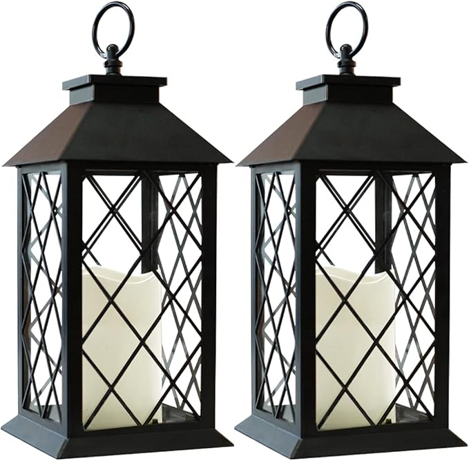 Bright Zeal 2-Pack 13.5" Vintage Candle Lantern with LED Pillar Candle (Black, 6hr Timer) - IP44 Waterproof Battery Powered Decorative Light - Outdoor Patio Hanging Lantern Decorative Tabletop Light