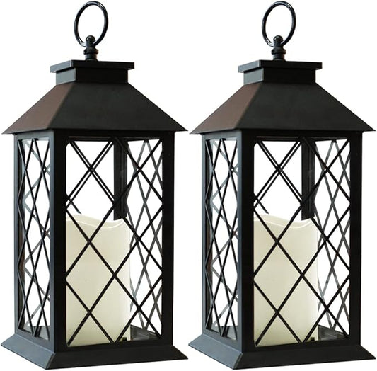 Bright Zeal 2-Pack 13.5" Vintage Candle Lantern with LED Pillar Candle (Black, 6hr Timer) - IP44 Waterproof Battery Powered Decorative Light - Outdoor Patio Hanging Lantern Decorative Tabletop Light