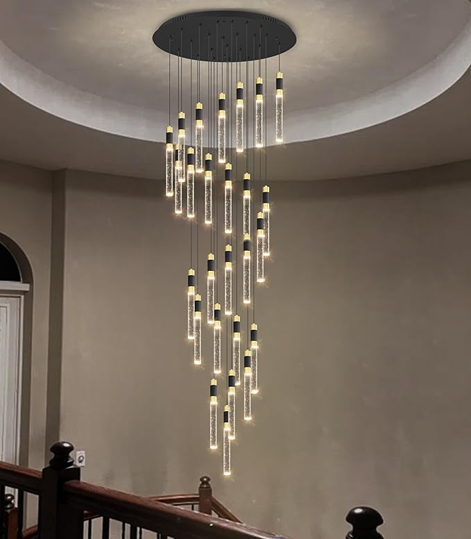 Modern 14.5ft LED Chandeliers for Living Room, Dining Room, Entryway - Dimmable Crystal Cylinder Pendant Lights