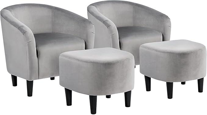 Yaheetech Accent Chair with Foot Rest, Mid Century Modern Upholstered Soft Barrel Chair Comfy Fabric Armchair and Footrest Set for Living Room/Bedroom/Reading Room, Gray, 2pcs