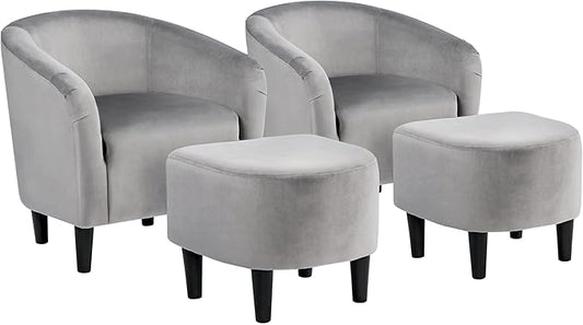 Yaheetech Accent Chair with Foot Rest, Mid Century Modern Upholstered Soft Barrel Chair Comfy Fabric Armchair and Footrest Set for Living Room/Bedroom/Reading Room, Gray, 2pcs