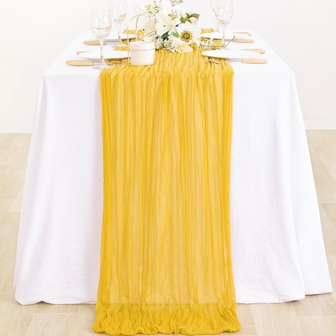 MLMC Gold Table Runner Rustic Gauze Cheesecloth Table Runner 13.3ft Fall Decor Cheese Cloth Table Decoration 35x160 Inches for Party Family Gatherings Home Decor