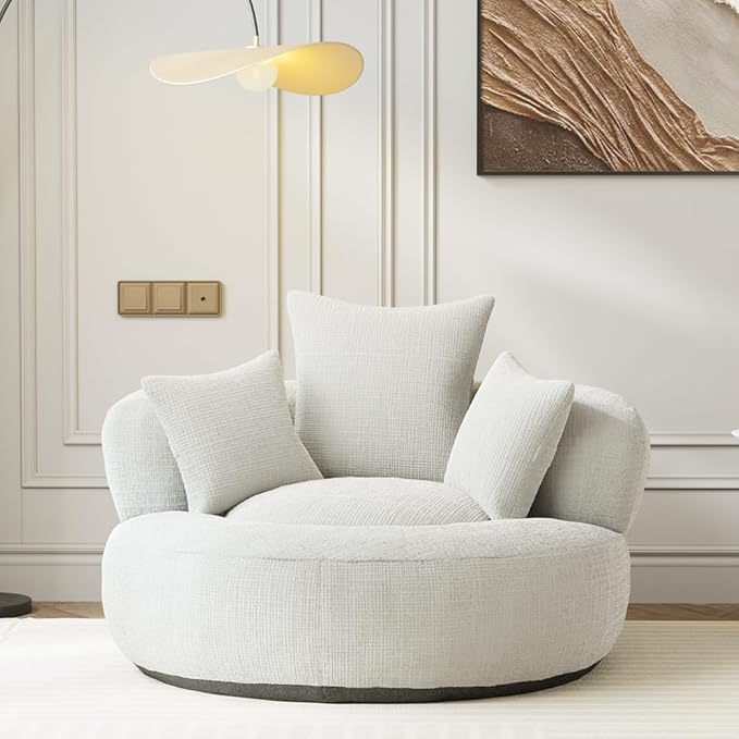42'' Oversized Round Chair, Single Lounge Chaise Upholstered Sofa Bed with Deep Seat, Chenille Bean Bag Chiar with Pillows for Living Room, Bedroom, Apartment, Reading, No Assembly (Beige)