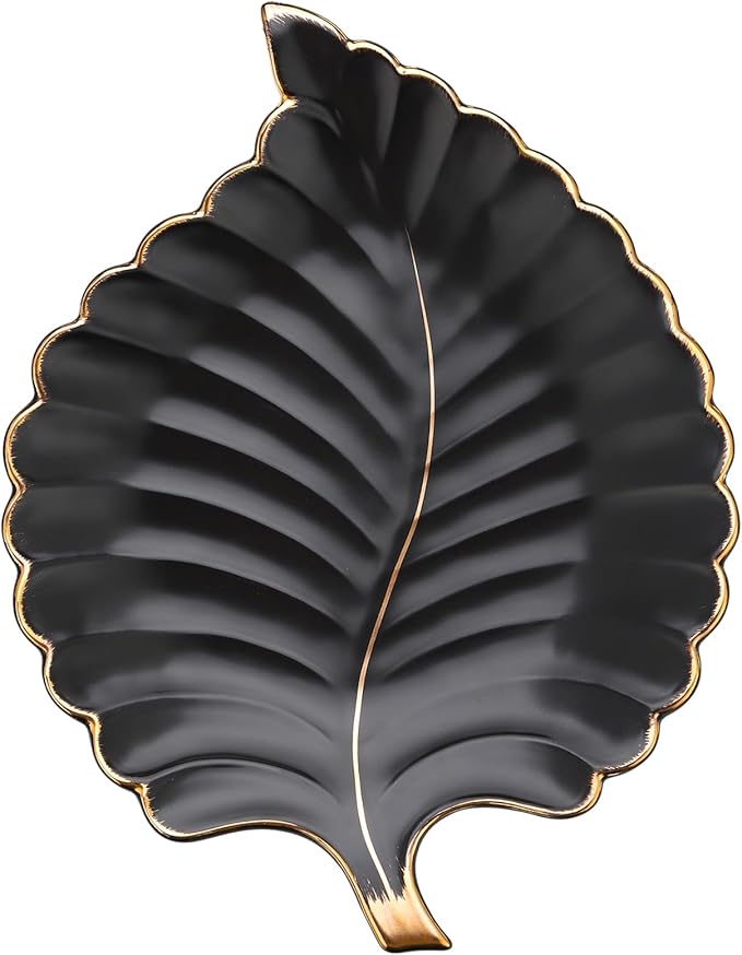 VanEnjoy Candy Dishes Decorative, Key Bowl for Entryway Table, Black Ceramic Bowl Decorative, Decorative Bowl for Keys, Leaf Jewelry Plate Tray