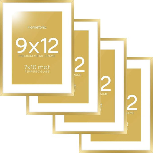 Homeforia 9x12 Gold Frame, High End Metal 9 x 12 Picture Frames with Mat 7 by 10 inch Photo, 9by12 Thin Poster Frame Matted to 7x10 Art, 12x9 Wall or Tabletop Frame, Tempered Glass, Wall Kit, Set of 4