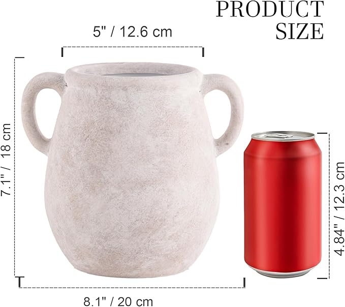 Ceramic Flower Vase Home Decor - 7.1 Inch White Rustic Table Flowers Vases Living Room Bedroom Plant Decoration Modern Farmhouse Vintage for Kitchen Shelf Office Coffee Dining Desk House Women