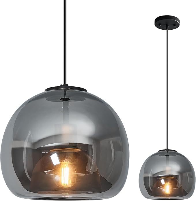 1-Light Mirror Gray Glass Pendant Lights Kitchen Island Black Hanging Light Fixture 9.84" Glass Globe Pendant Light Modern Pendant Lighting for Kitchen Island Bedroom Dining Room