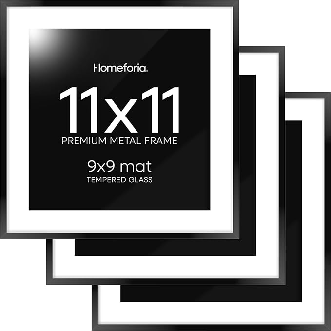 Homeforia 11x11 Picture Frame Black, High End Metal 11 by 11 Square Frames with Mat 9 x 9 Opening, 11by11 Poster Frames Matted to 9x9 inch Photo, Wall Hanging Frame, Tempered Glass, Wall Kit, Set of 3