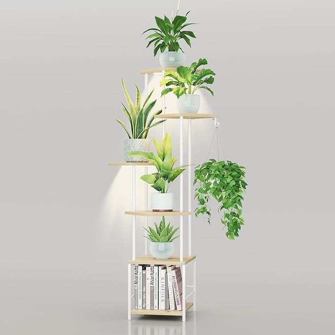 Plant Stand Indoor with Grow Light, 6-Tiered Tall Plant Stand Indoor, Metal Plant Shelf with Hanging Basket Hook and Adjustable Light, Ideal for Living Room, Garden, Patio, （Maple）