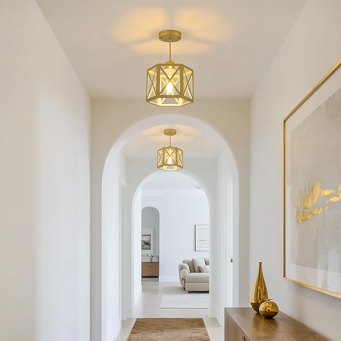 2 Pack Gold Pendant Lights, Modern Farmhouse Hanging Light Fixture with Hexagonal Cage, Vintage Brass Metal Ceiling Lights, Adjustable Lantern Pendant Lighting for Kitchen Island Sink Hallway