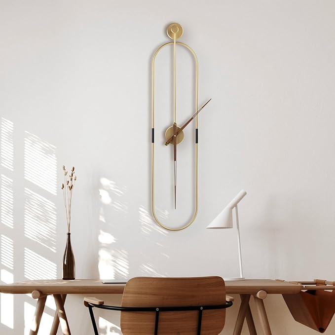 Modern Oval Wall Clock Large Wall Clock with Walnut Pointers for Living Room Home Decor Bedroom Kitchen Office (Oval Gold, Large)