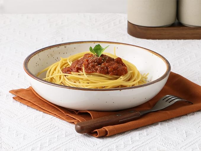 ONEMORE 30 Oz Porcelain Salad Pasta Bowls, Shallow & Wide Bowls Plates Set of 6, Large Ceramic Serving Bowls for Soup, Dessert, Pizza, Fruit. Microwave & Dishwasher Safe Kitchen Dinnerware, White