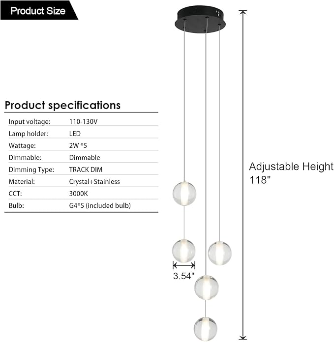 Modern Black 5 Lights Crystal LED Chandelier Raindrop High Ceiling Cluster Pendant Light Crystal Ball Hanging Lighting for Living Room Staircase Entryway Foyer Dining Room, H118" including Bulbs