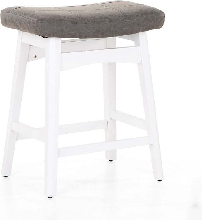 MAISON ARTS White Counter Height Bar Stools for Kitchen Counter Solid Wood Legs with Faux Leather Saddle Seat Farmhouse Barstools for 34"-38" Counter Island Upholstered Stools, 24in Height